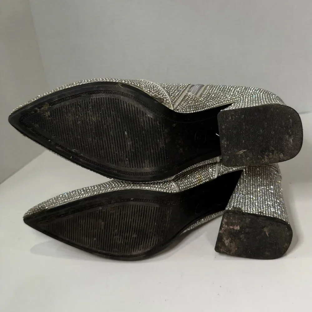 Sparkle Rhinestone Disco Ankle Boots Point Toe Block Heel Silver Women’s Size 8